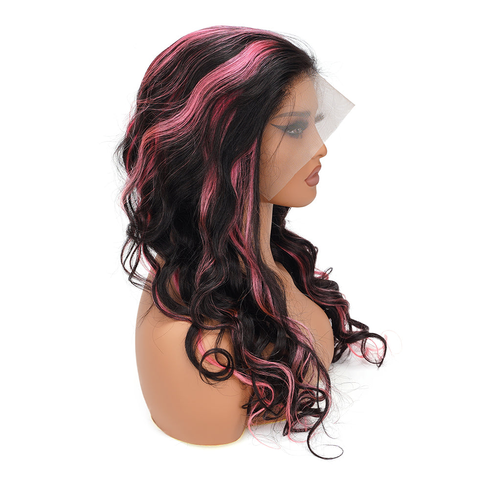 Body Wave Pink Highlight Full Frontal Wig 13*6 100% Human Hair
